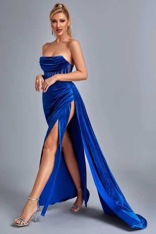 Lamva Corset Velvet Slit Maxi Dress – Blue - Image 3
