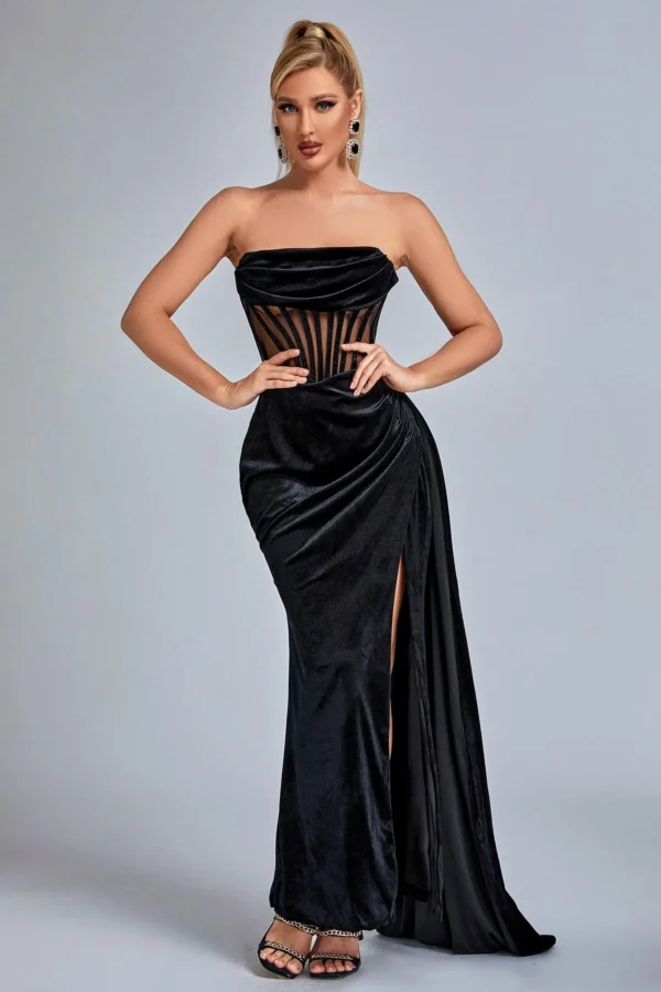 Lamva Corset Velvet Slit Maxi Dress – Black - Image 2