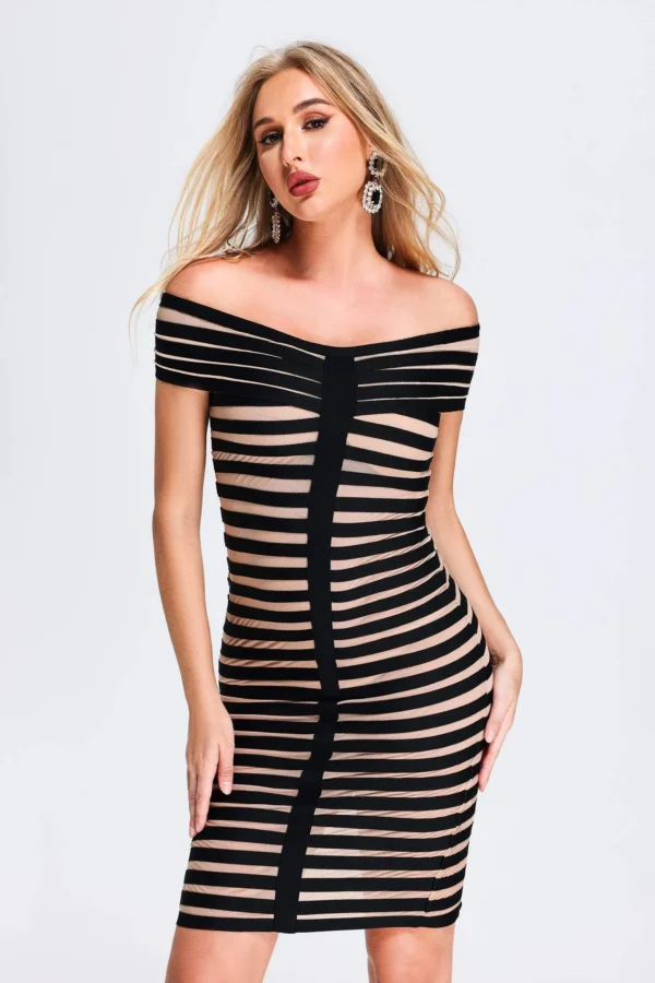 Garnet Stripe Off Shoulder Bandage Dress - Image 2